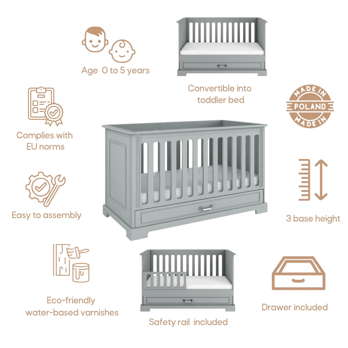 Bellamy Babybett 70x140 cm Ines, grau
